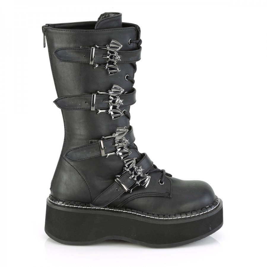 Emily Black Bat Buckled Gothic Combat Boots for Women