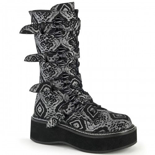 Emily Black and Silver Print Bat Buckled Boots