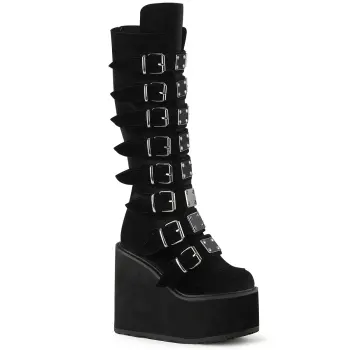 Black Velvet Swing Buckled Womens Platform Boots