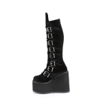 Black Velvet Swing Buckled Womens Platform Boots