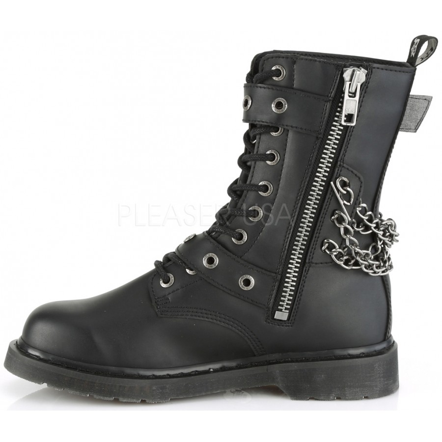 Chained Bolt Mens Black Combat Mid Calf Boot Vegan Leather Combat Boots