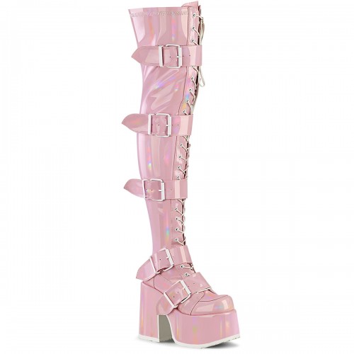 Pink Hologram Chunky Platform Thigh High Boots