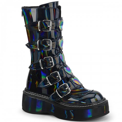 Emily Black Hologram Heart Combat Boots