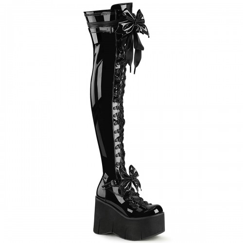 Kera Black Patent Platform Thigh High Boots with Bow