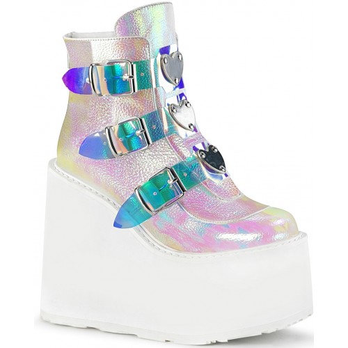 Pearl White Iridescent Platform Wedge Ankle Boots