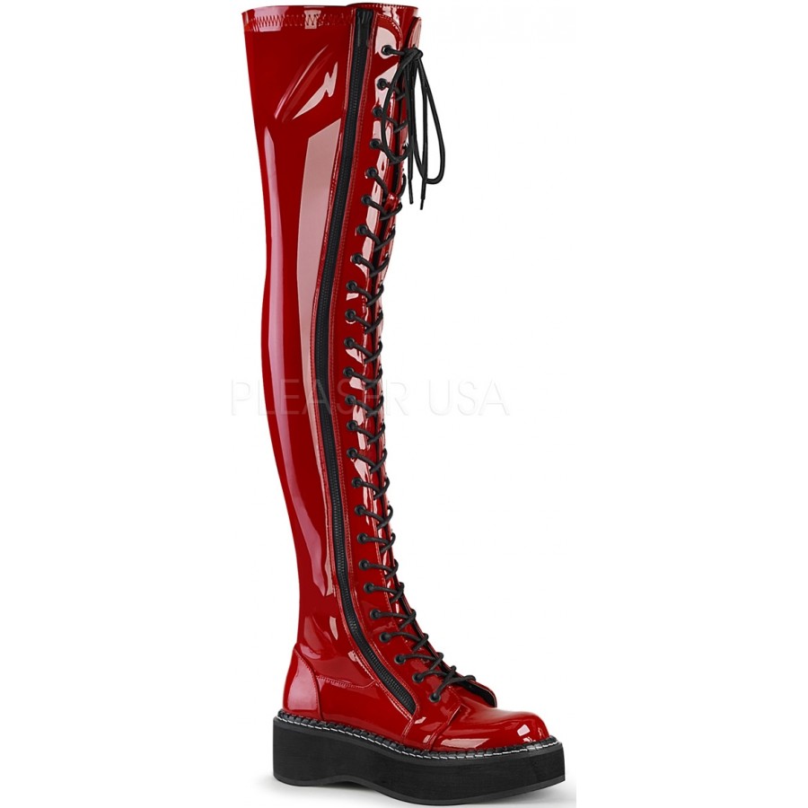 red platform knee high boots