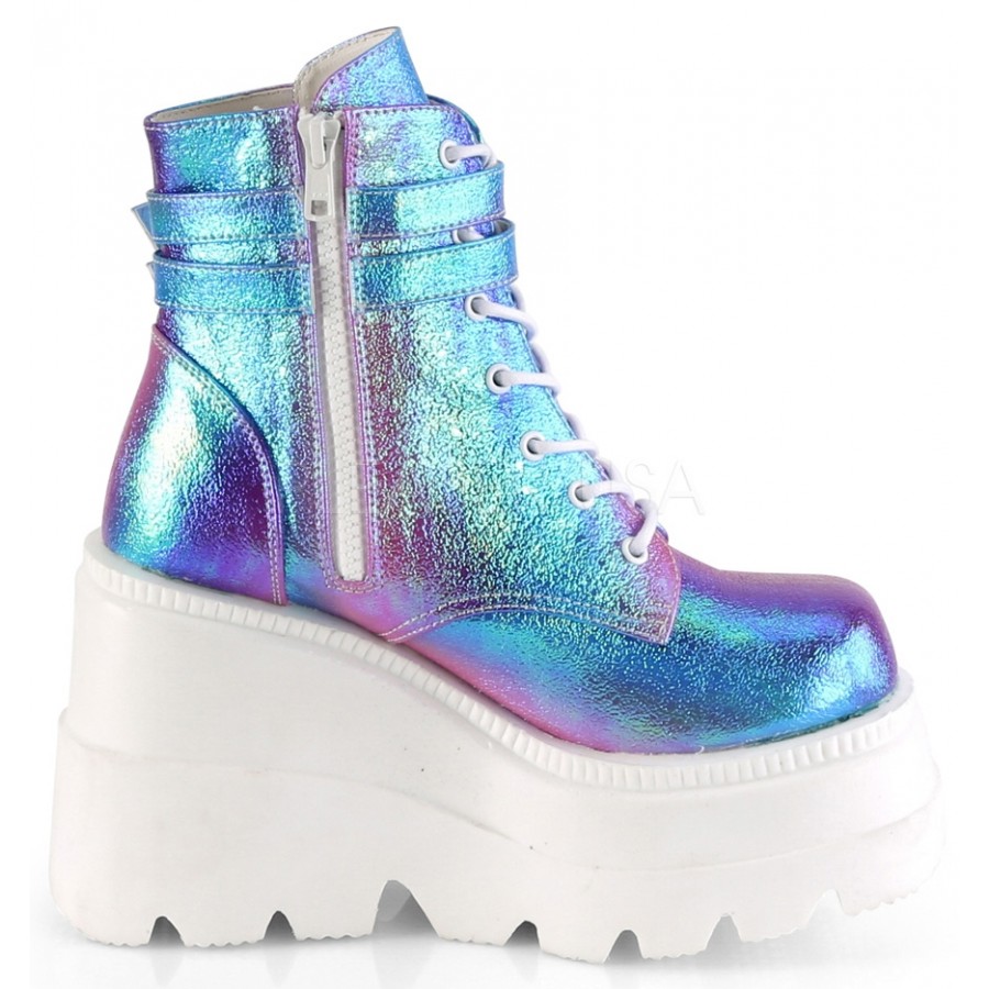 Purple Iridescent Wedge Heel Womens Ankle Boot - Festivals, Gothic