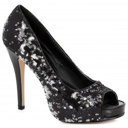 Black Flamingo Sequin Peep Toe Pumps