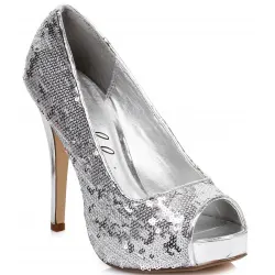 Silver Flamingo Sequin Peep Toe Pumps