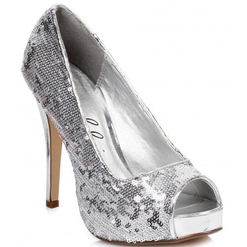 Silver Flamingo Sequin Peep Toe Pumps