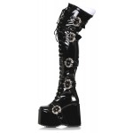 Kamora Skull Buckled Black Thigh High Platform Boot 