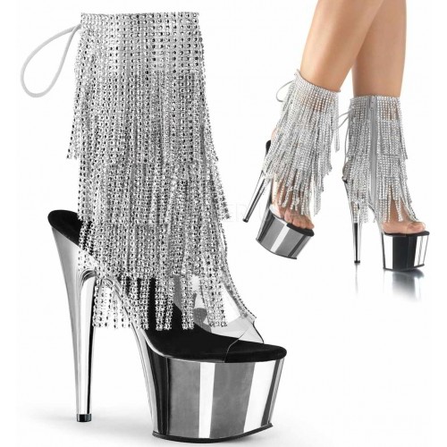 Silver Rhinestone Fringe Platform Ankle Boots