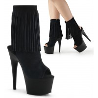 Fringed Black Suede Peep Toe and Heel Platform Ankle Boots