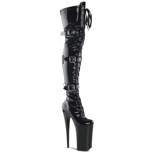 Beyond Black Buckled Thigh High 10 Inch Platform Boots