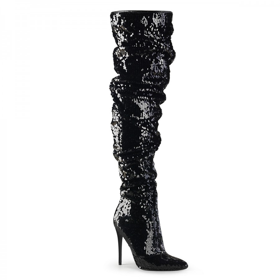 Courtly Black Sequin Thigh High Slouch Boot | Large Size Womens Boots