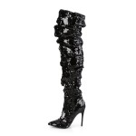 Courtly Black Sequin Thigh High Slouch Boot