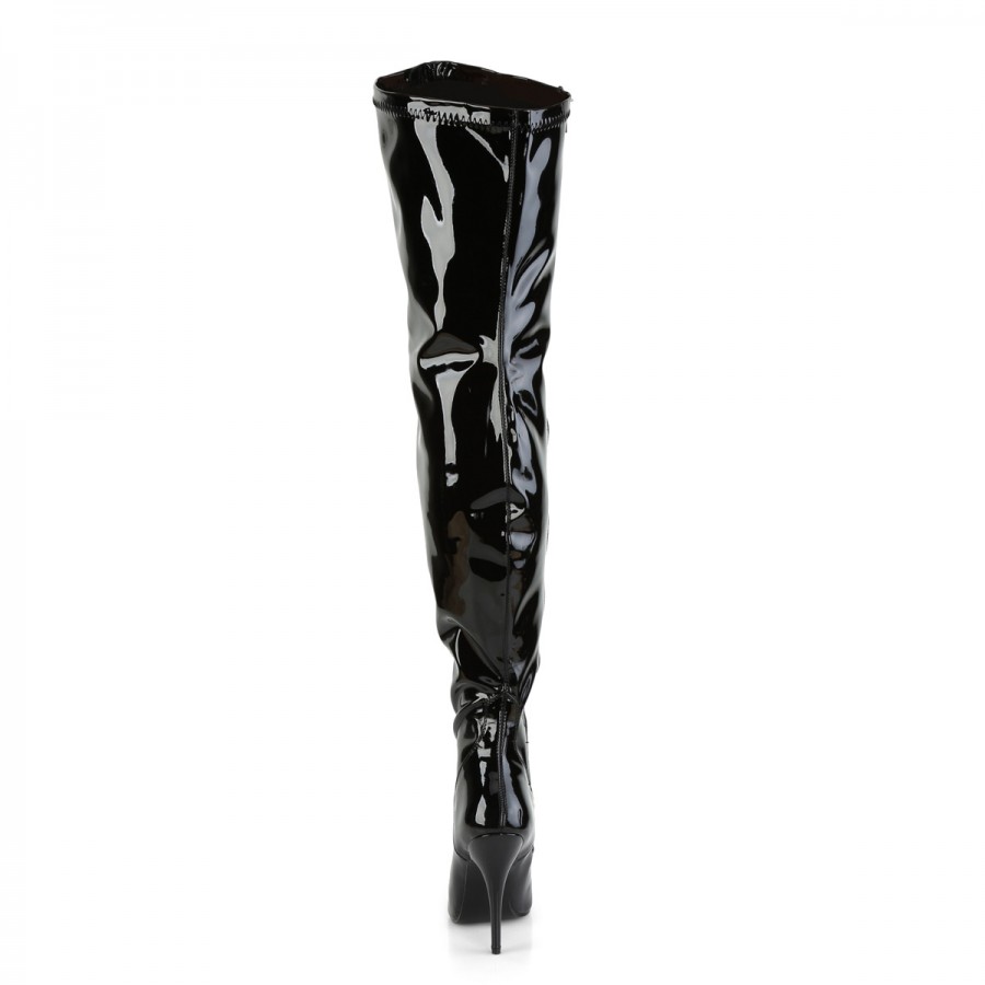 Seduce High Heel Thigh High Wide Calf Boots in Black Patent