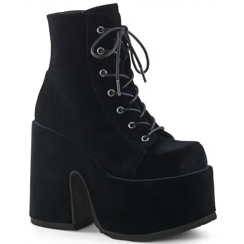 Black Velvet Camel Chunky Heel Platform Boots