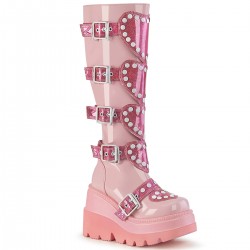 Buckled Heart Shield Pink Gothic Wedge Knee Boots