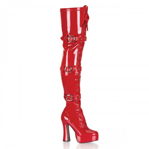 Electra Red Buckled Thigh High Platform Boots