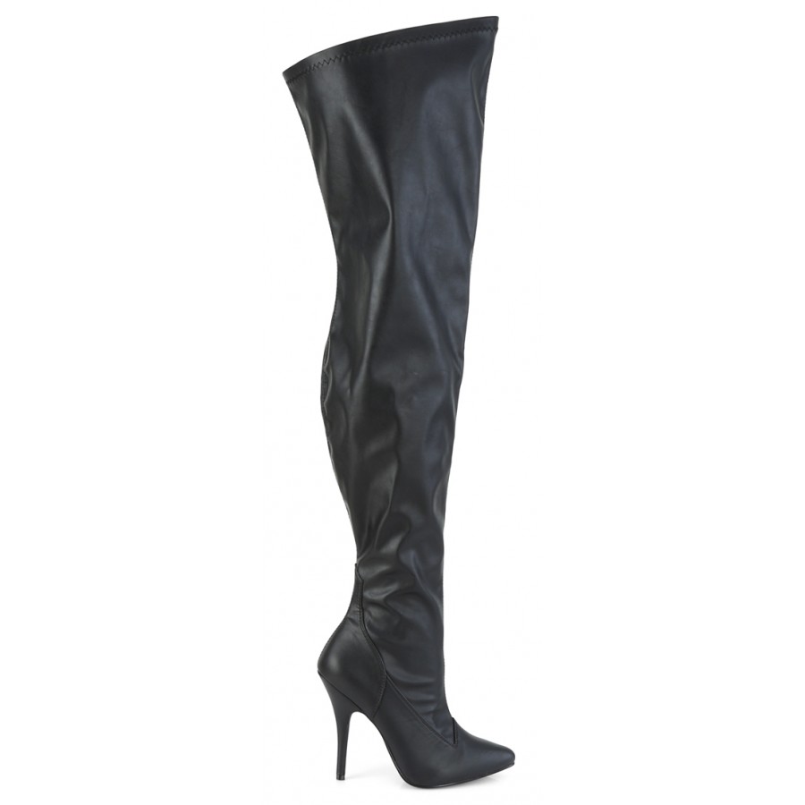Seduce High Heel Thigh High Wide Calf Boots in Black Matte Faux Leather